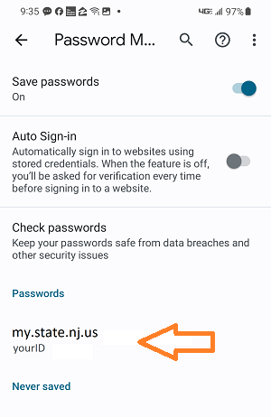 Image of Chrome Android saved ID and password item